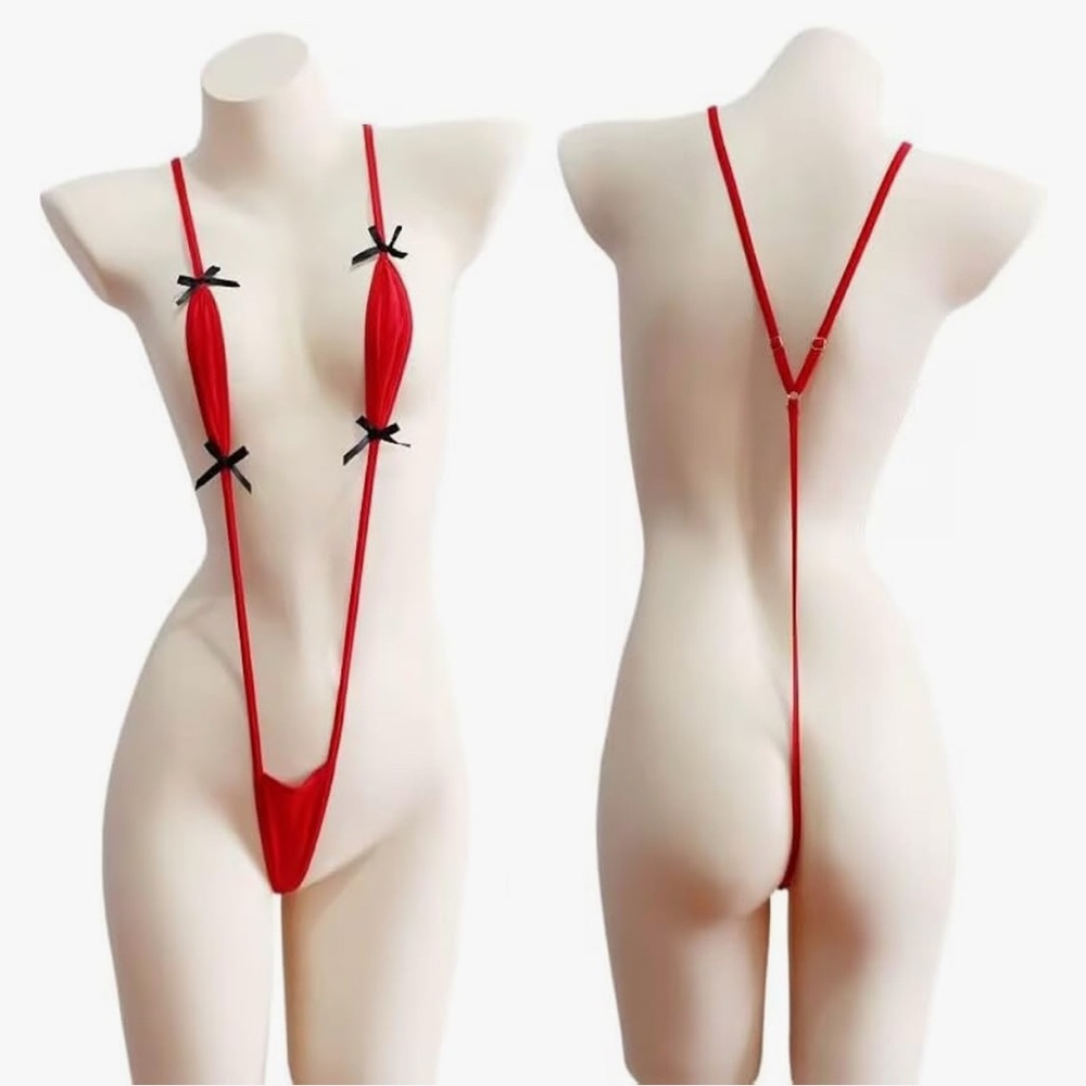 Red Slingshot Micro G-String Thong Monokini
Bikini Swimsuit with Black Bows